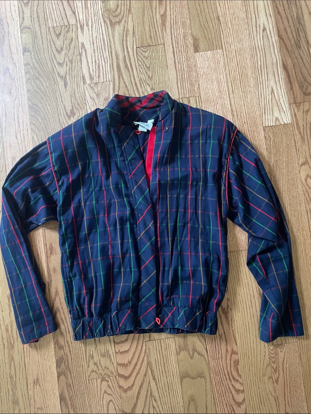 VTG. Plaid Navy Bomber Jacket with Red & Green Stripe Accents